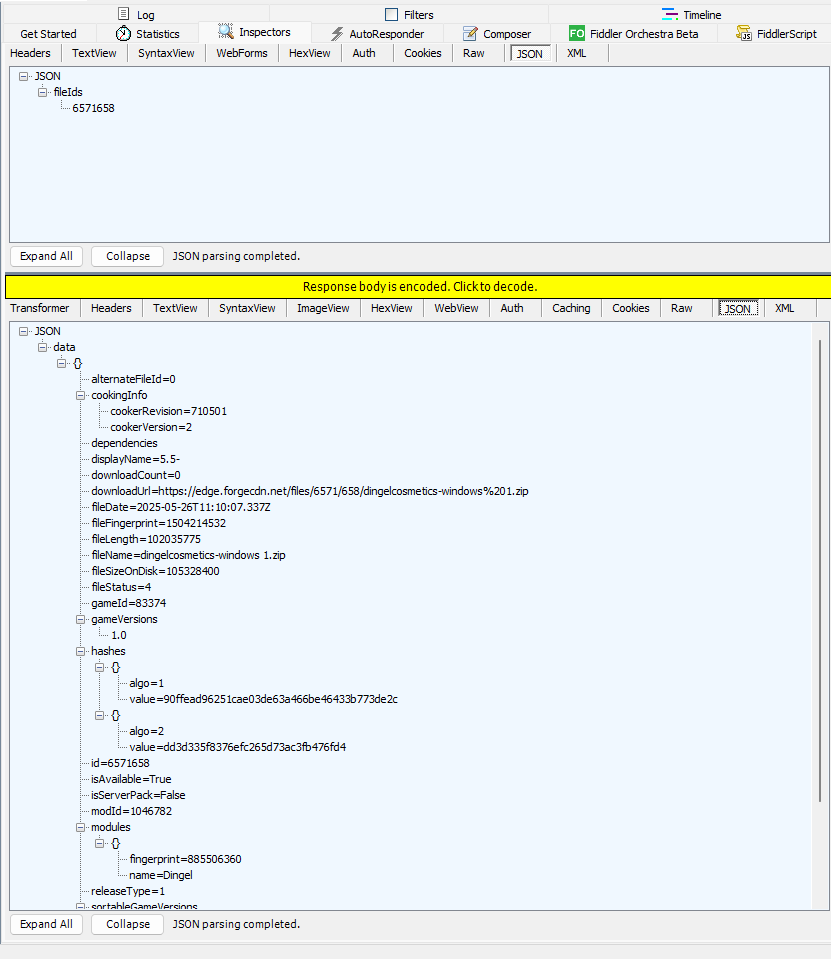 Fiddler JSON inspector showing a request for file ID 6571658 and a response with mod file attributes, hashes, and the Dingel module fingerprint.