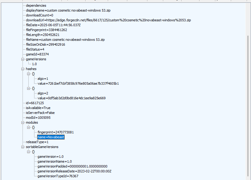 Fiddler JSON inspector showing Novabeast mod file metadata, hashes, availability, game version, and module fingerprint 2470773081.